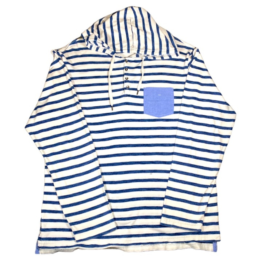 Charleston Threads Hooded Shirt Men’s XL White Blue Striped Lightweight Patch